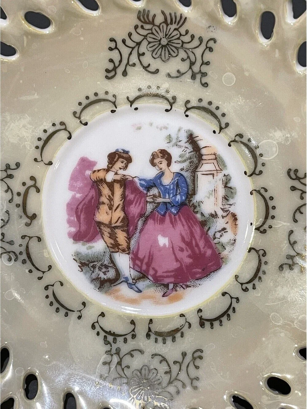 Fragonard Love Story Pedestal Demitasse Tea Cup Saucer 6778 Japan Sticker Ivory